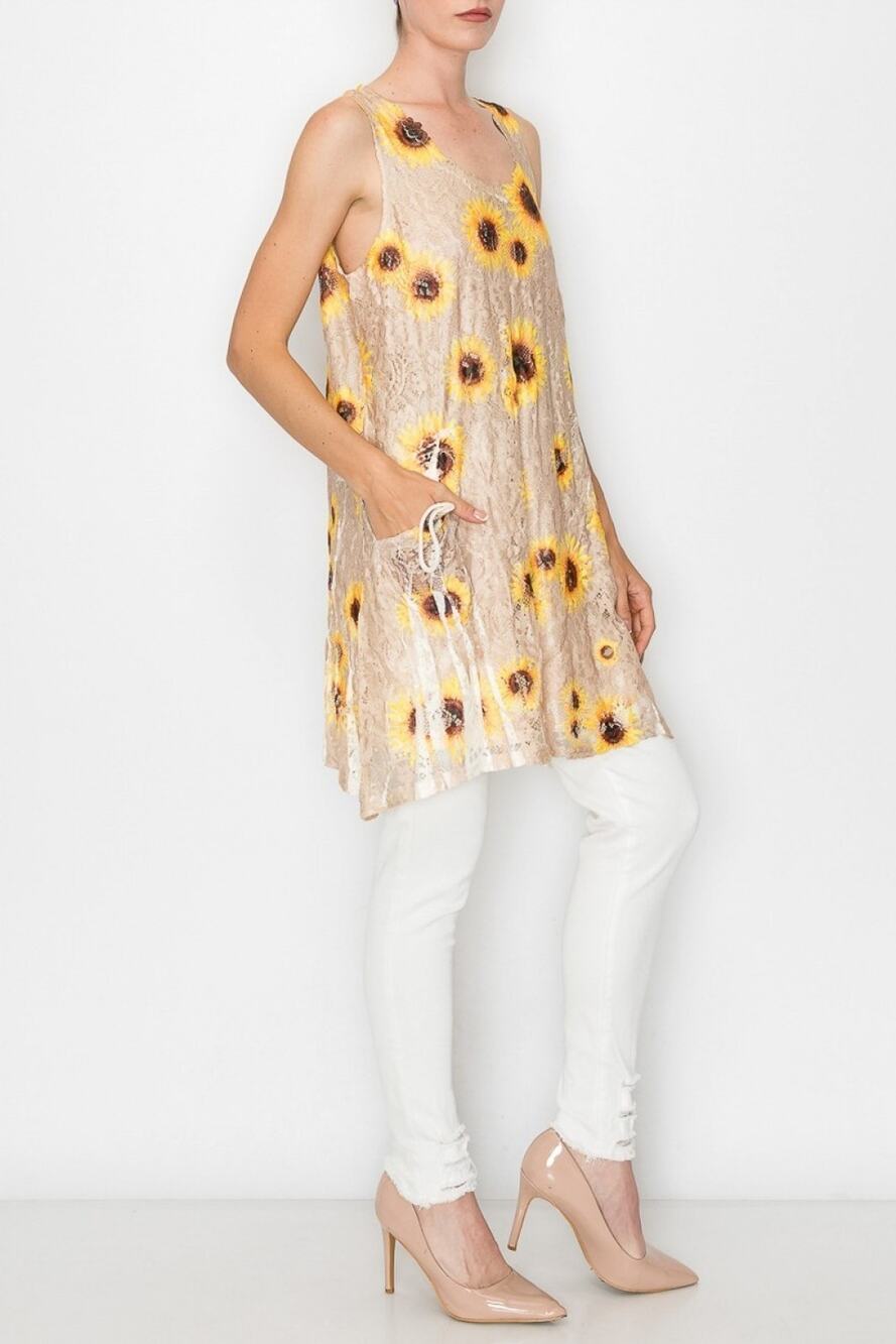 Origami Beige Sunflower Lined All Lace Tunic Dress with Pockets Small/Medium